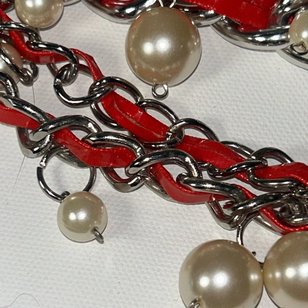 ⚓️Vintage Nautical Charm Silver Link Chain Red Leather Belt Anchor Rolfs